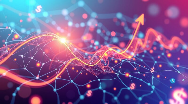 Abstrakcyjna wizualizacja danych: Eksponencjalny wzrost, sieć neuronowa, futurystyczne kolory, ukryte motywy dolara.