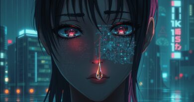 Melancholijna, neonowa panorama miasta odbija się w zapłakanych oczach androgynicznej postaci anime, glitchująca sztuczność, etyka AI.