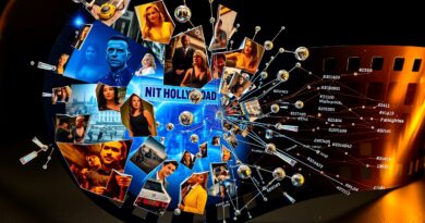 Rozbity film, ikony Hollywood przechodzące w sieć AI, złoto-niebieskie barwy, metafora stronniczości.