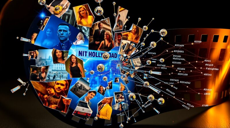 Rozbity film, ikony Hollywood przechodzące w sieć AI, złoto-niebieskie barwy, metafora stronniczości.