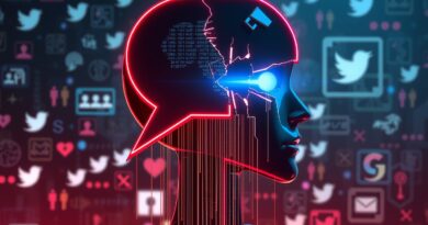 Zniekształcona chmurka mowy z głowy robota AI, spływający kod. Tło: burza w social mediach, neonowe akcenty.