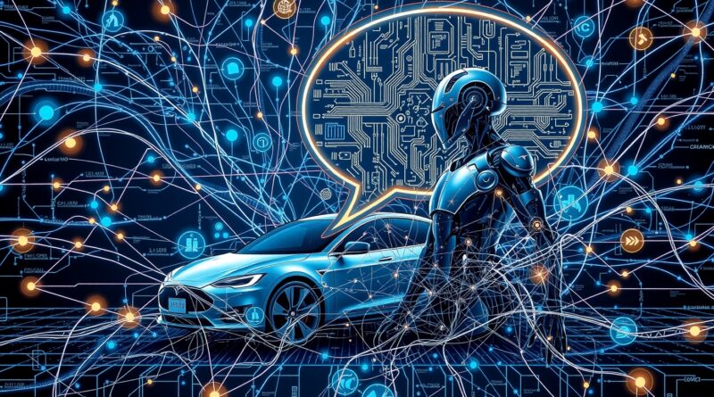 Abstrakcyjne połączenie Tesli, robota Optimus i chmury danych Grok w futurystycznej grafice.