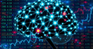 Świecący mózg-sieć na tle giełdowego chaosu, symbole ostrzegawcze, cyberpunk, Grok, Kalshi, rynki predykcyjne.