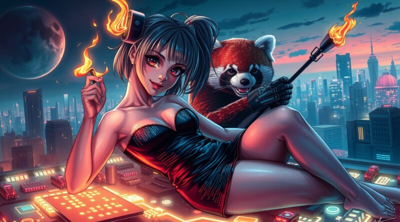 Seksowna waifu w cyfrowym świecie, złośliwy panda z pochodnią, płonące futurystyczne miasto.