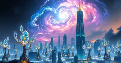 Kryształowe miasta AI wzrastają ku gwiezdnej nebulii, symbolizując ekspansję technologiczną Groq.