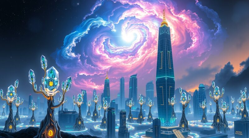 Kryształowe miasta AI wzrastają ku gwiezdnej nebulii, symbolizując ekspansję technologiczną Groq.
