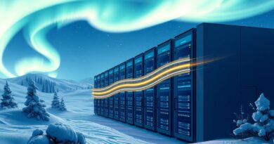 Futurystyczne centrum danych Groq w Finlandii, zorza polarna, minimalistyczny design, strumienie danych.