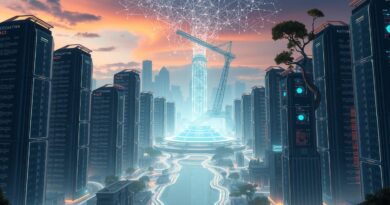 Futurystyczne miasto: serwerownie jako drzewa, kod-rzeka, fabryka AI pod rozgwieżdżonym niebem sieci neuronowej.