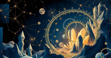 Abstrakcyjna, matematyczna grafika: złote spirale, kryształowe struktury, konstelacje logiczne, błękit i złoto. Cyfrowa ilustracja geometrii sakralnej.