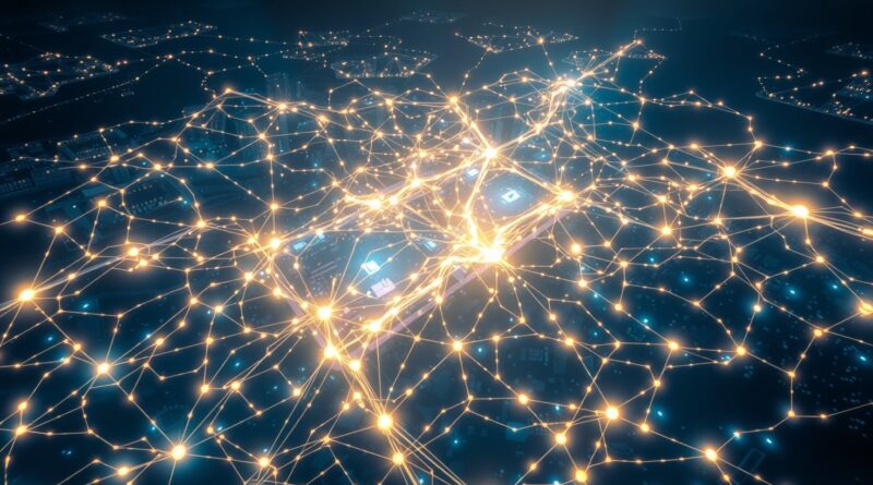 Eteryczna sieć miast widziana z góry, symbolizująca inteligentne, połączone systemy polityki zarządzane przez AI, Helios.