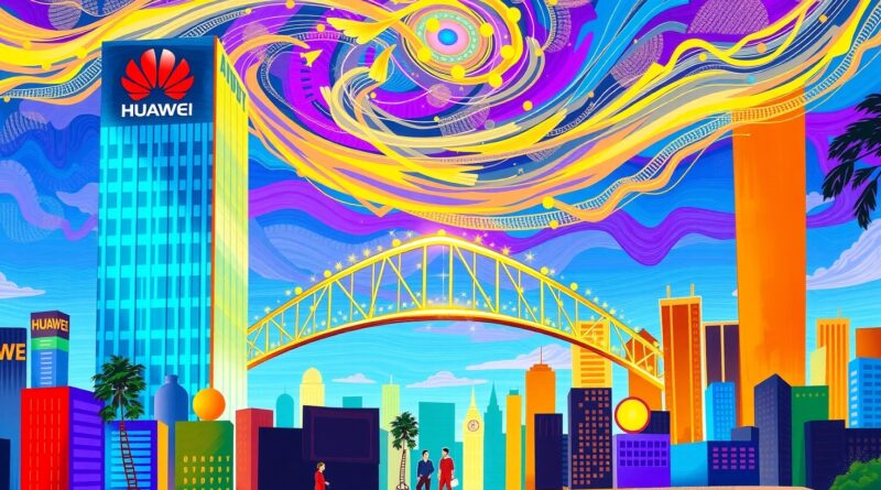 Wieżowce Huawei i Alibaba naprzeciw siebie, most danych, konflikt w chińskim sektorze AI.