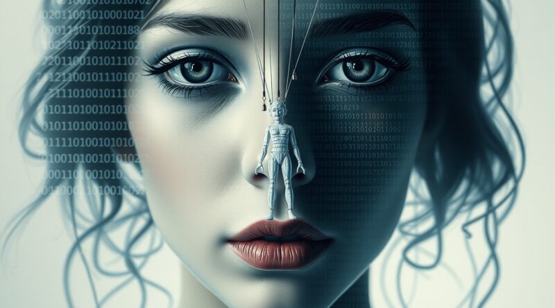 Złamana cyfrowa twarz, kod binarny, marionetka z zerwanymi sznurkami. AI, etyka, deepfake, utrata niewinności.