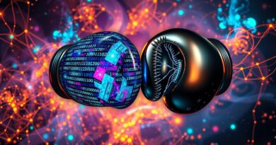 Neonowa nebula kodu binarnego i połączeń nerwowych formuje rękawice bokserskie: otwartoźródłowa kontra zastrzeżona AI.