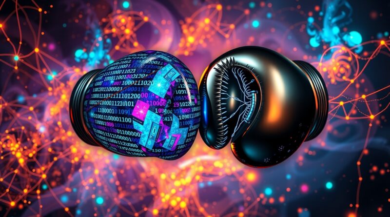 Neonowa nebula kodu binarnego i połączeń nerwowych formuje rękawice bokserskie: otwartoźródłowa kontra zastrzeżona AI.