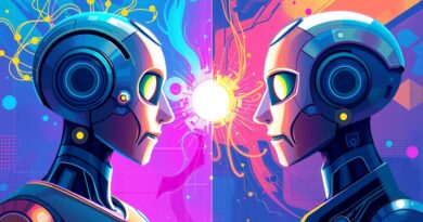 Stylowe, cyfrowe malowidło: Chatbot open-source kontra zamknięty, połączone abstrakcyjną siecią neuronową. Optymistyczne barwy AI.