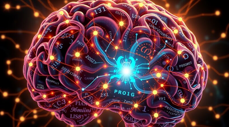 Stylizowany mózg z kodem Prologu i sieciami neuronowymi Gemini. Symbol hybrydowej AI, dramaturgia światła, inspiracja Art Nouveau.