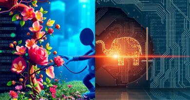 Cyfrowa kolaż przedstawiający otwarte i zamknięte modele AI, z Myszką Miki i cyfrowym słoniem w centrum.