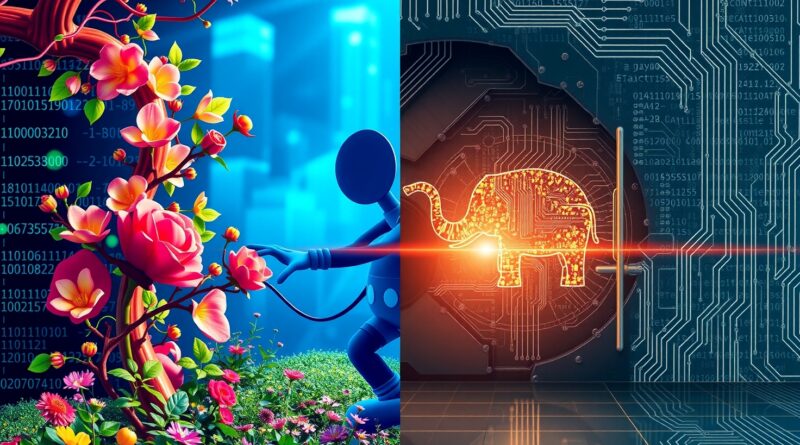 Cyfrowa kolaż przedstawiający otwarte i zamknięte modele AI, z Myszką Miki i cyfrowym słoniem w centrum.