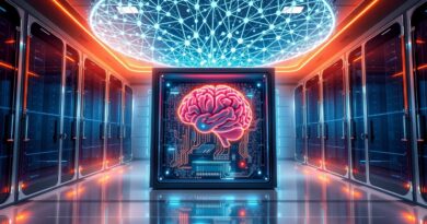 Futurystyczna serwerownia z obwodami symbolizującymi mózg i sieć neuronową. AI, Power11, innowacja.