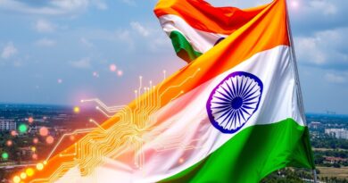 Kwantowa płyta drukowana w barwach flagi Indii, symbolizująca technologiczny postęp i dążenie do supremacji.