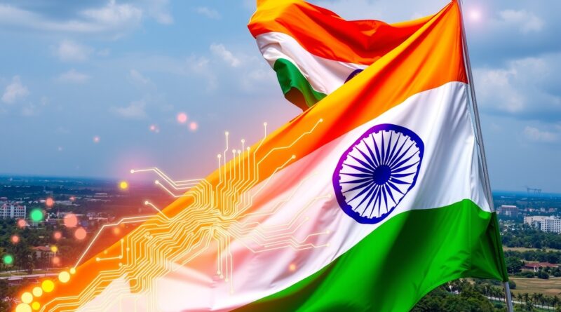 Kwantowa płyta drukowana w barwach flagi Indii, symbolizująca technologiczny postęp i dążenie do supremacji.