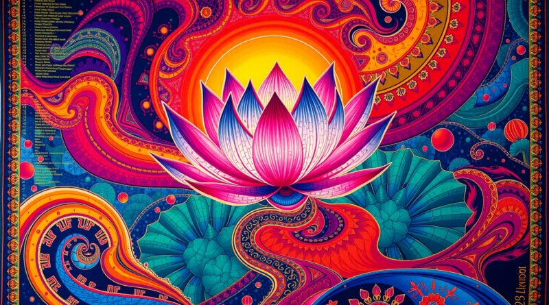 AI w Indiach: Stylizowany kwiat lotosu AI rozkwita z cyfrowego krajobrazu w tkaninie kodu i tradycji.