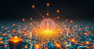 Abstrakcyjna grafika: Indyjski rynek technologiczny napędzany przez AI, Perplexity AI w centrum sieci połączeń.