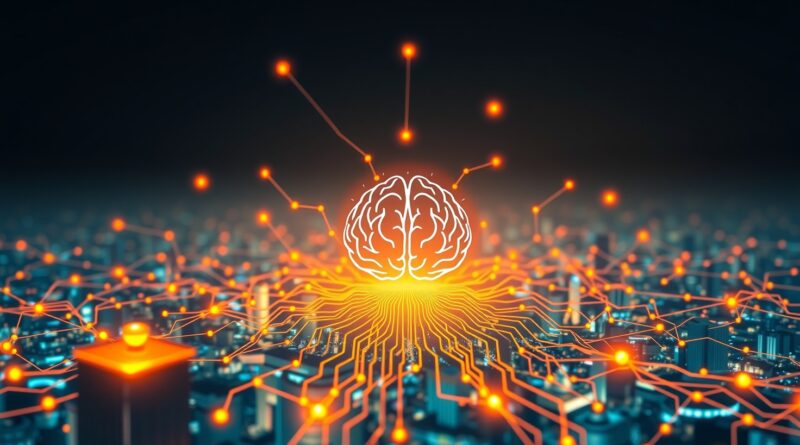 Abstrakcyjna grafika: Indyjski rynek technologiczny napędzany przez AI, Perplexity AI w centrum sieci połączeń.