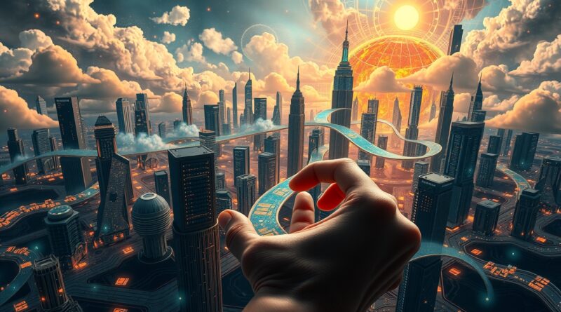 Futurystyczna metropolia z obwodów i światłowodów, ręka reguluje serwer. Inteligentne skalowanie infrastruktury AI.