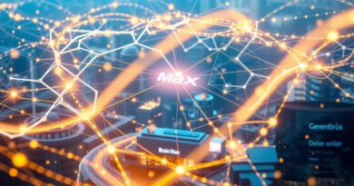 Futurystyczna sieć neuronowa nad korporacyjnym krajobrazem, symbolizująca scentralizowane zarządzanie AI w biznesie z użyciem Brain Max.