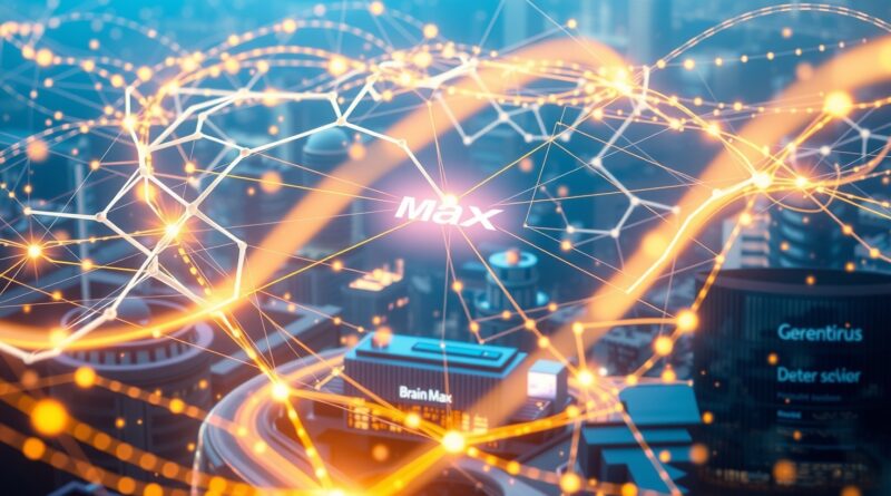 Futurystyczna sieć neuronowa nad korporacyjnym krajobrazem, symbolizująca scentralizowane zarządzanie AI w biznesie z użyciem Brain Max.