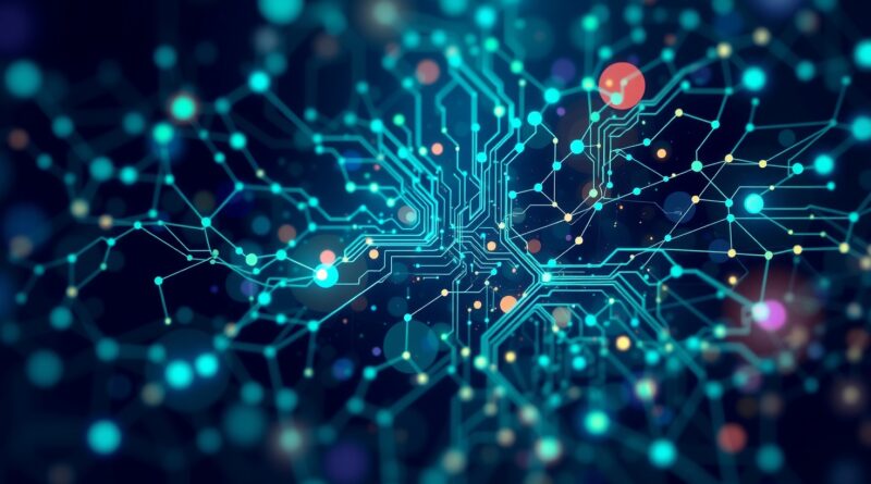 Abstrakcyjna sieć neuronowa w odcieniach błękitu, zieleni i fioletu, symbolizująca inżynierię kontekstu w AI.