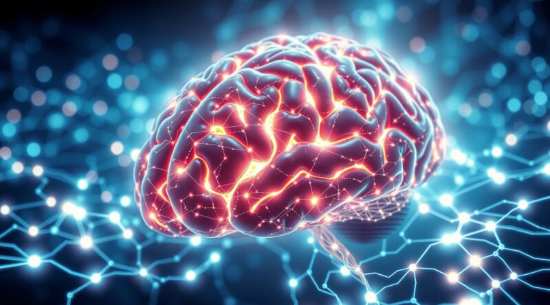 Świecący mózg w sieci danych, symbol inżynierii kontekstu i inteligencji modeli językowych.