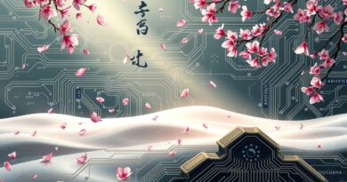 Abstrakcyjne połączenie japońskiego ogrodu zen i obwodu drukowanego symbolizuje przełom w AI konwersacyjnej.