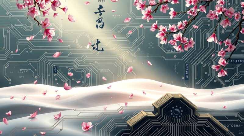 Abstrakcyjne połączenie japońskiego ogrodu zen i obwodu drukowanego symbolizuje przełom w AI konwersacyjnej.
