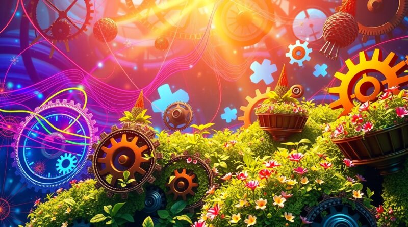 Połączenie mechaniki i natury symbolizuje wzrost produktywności i wartości dzięki agentom AI.