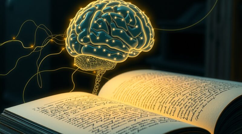 Cyfrowy mózg z neuronami jak światłowody, łączy się z książką, korygując pismo, symbolizując AI i weryfikację faktów. Art Nouveau.