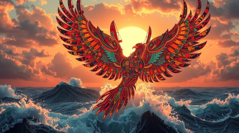 Feniks z obwodów i żagli windsurfingowych w cyfrowym morzu, symbol odrodzenia Windsurf dzięki AI.