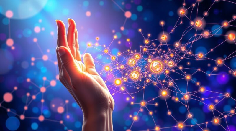 Dłoń sięga do świecącej sieci AI. Współpraca człowieka i sztucznej inteligencji w kolorach futurystycznego optymizmu.