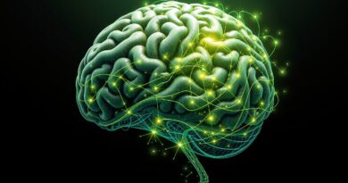 Abstrakcyjny mózg fraktalny z zielonymi energiami i świecącymi szlakami neuronalnymi, symbol wydajnej AI z raportu UNESCO.