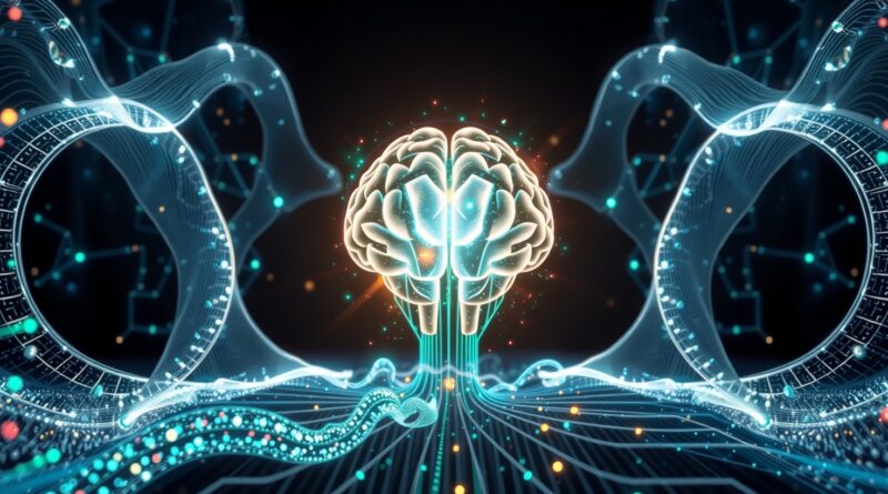 Abstrakcyjna wizualizacja AI analizującego strumienie danych, redefiniująca analizę danych jak Julius AI.