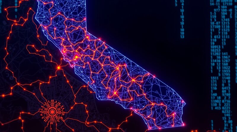 Sieć neuronowa w kształcie Kalifornii nad mapą Doliny Krzemowej, symbolizująca innowacje i przejrzystość AI.