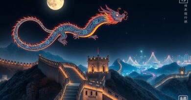 Bioluminescencyjny smok Kimi-K2 nad Wielkim Murem, symbol chińskiej innowacji AI w stylu art nouveau.