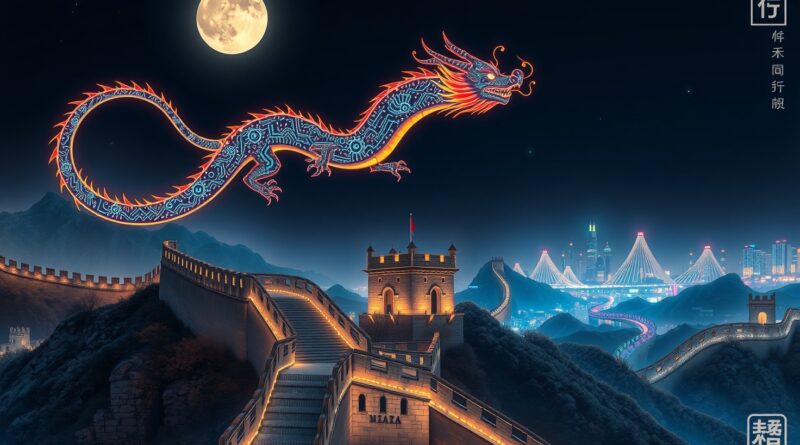 Bioluminescencyjny smok Kimi-K2 nad Wielkim Murem, symbol chińskiej innowacji AI w stylu art nouveau.