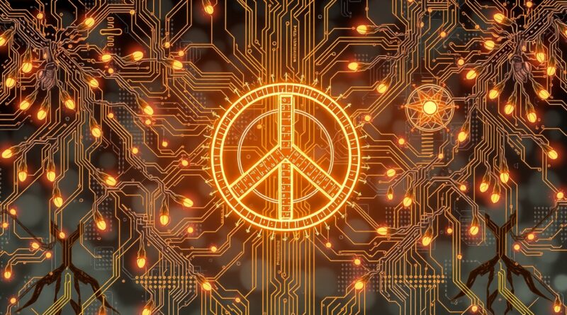 Połączenie obwodów drukowanych z gałązkami oliwnymi symbolizuje konflikt big tech i armii.