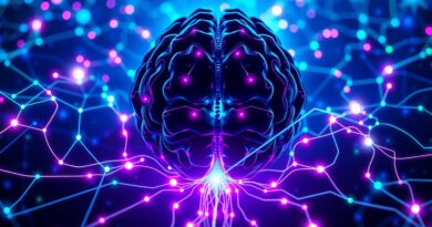 Połączenie danych i AI: sieci danych przenikają stylizowany mózg w tonacji bluesa, purpury i zieleni.