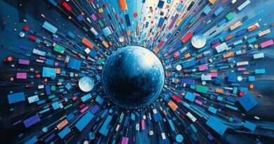 Surrealistyczny krajobraz danych scalających się w lśniącą, metalową strukturę AI. Turbulentna konsolidacja, przyszłość rynku.