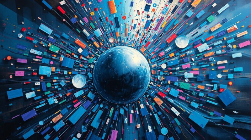 Surrealistyczny krajobraz danych scalających się w lśniącą, metalową strukturę AI. Turbulentna konsolidacja, przyszłość rynku.