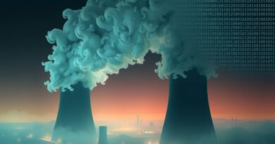 Zamglone turbiny gazowe w cyfrowym kodzie, złowrogi blask nad sylwetką Memphis. Symbolika napięcia technologii i środowiska.