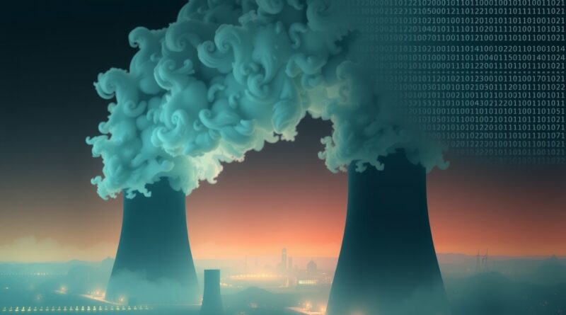 Zamglone turbiny gazowe w cyfrowym kodzie, złowrogi blask nad sylwetką Memphis. Symbolika napięcia technologii i środowiska.